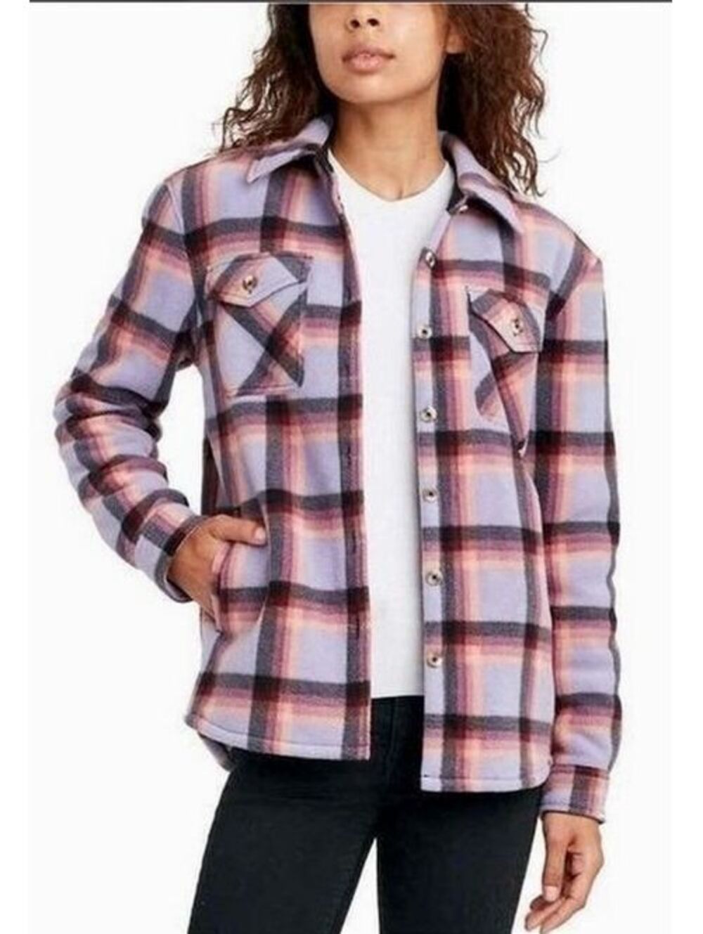 Sage Collective Purple Plaid Sherpa Lined Fleece Shacket Jacket XL Cozy